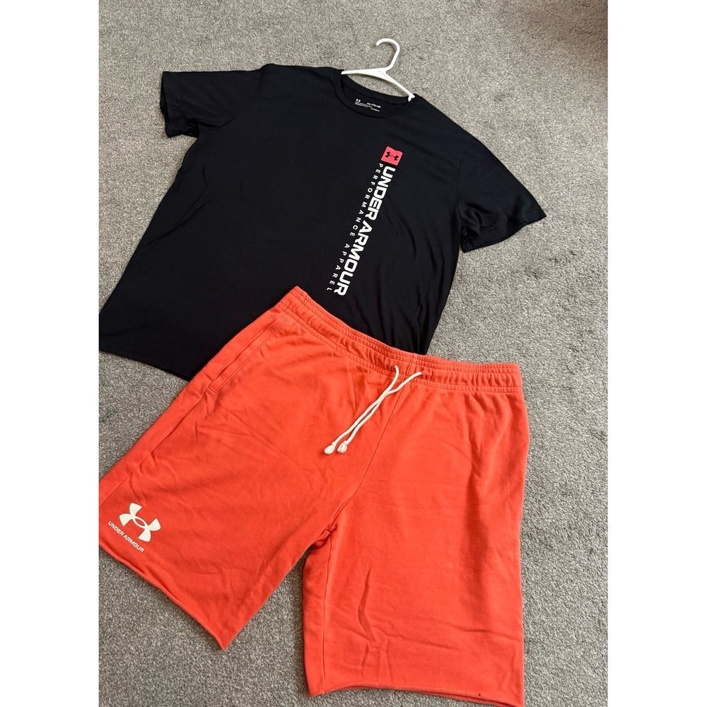 Mens Under Armour Short Sleeve Shirt and Shorts Set Bundle Black Orange XXL
